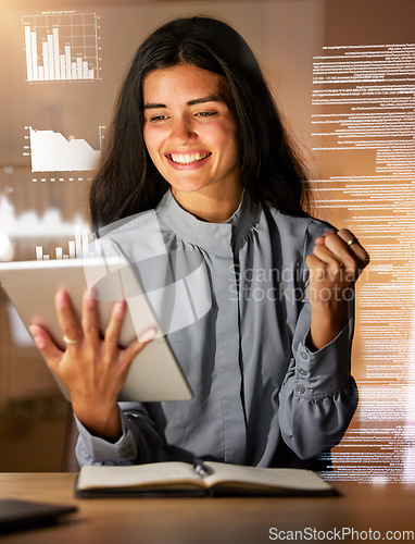 Image of Woman, tablet and smile in celebration for analytics, corporate data or information success at night. Happy female analyst celebrating with touchscreen for promotion, profit or company investments