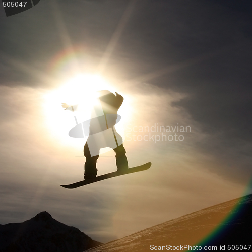 Image of Snowboarder jumping high in the air