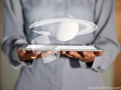 Image of Saturn graphic, galaxy tablet and futuristic planet hologram with a business woman and tech. Digital, globe 3d illustration and virtual holographic image of employee holding a mobile showing universe