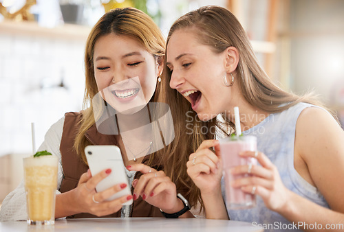 Image of Laughing, phone or friends on social media in cafe with happy smile on holiday vacation together. Crazy news, web or gen z women reading funny gossip content on mobile on date with cocktails drinks