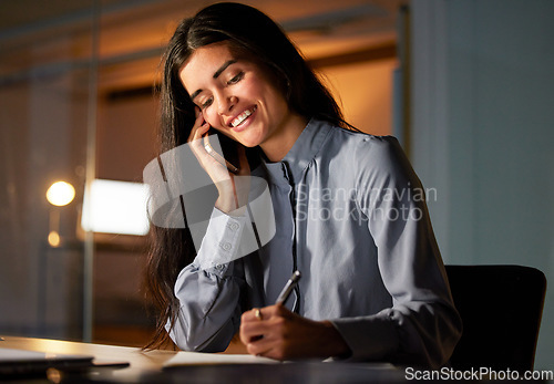 Image of Phone call, writing notes and woman at night busy networking, planning schedule or data administration. Happy female worker, mobile communication and overtime working for business contact information