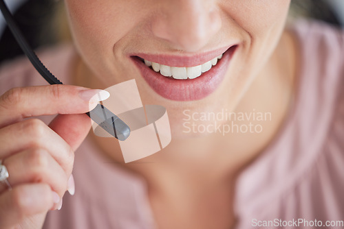 Image of Microphone, mouth or woman in call center, communication or telemarketing in customer service. Zoom of smile, female agent or happy consultant speaking or talking at technical support or help desk