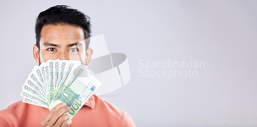 Image of Man, portrait or money fan on isolated studio background in financial freedom, stock market profit or investment. Winner, cash or euro for asian person for finance success, savings or growth mockup