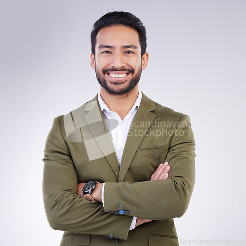 Image of Smile, crossed arms and portrait of business man in studio for success, confidence mindset and leadership. Corporate manager, ceo and happy face of male on white background in professional clothes