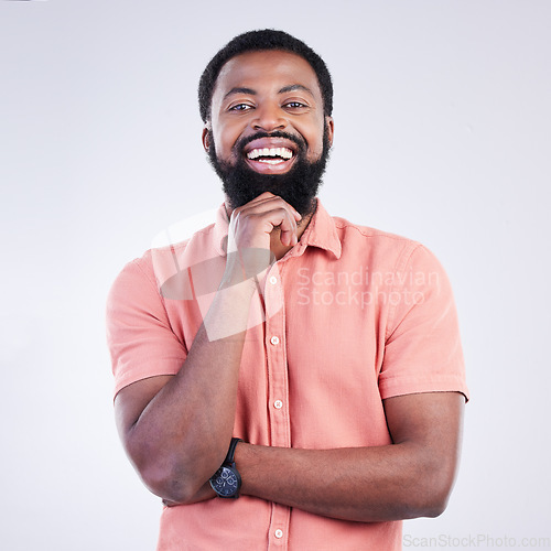 Image of Happy, smile and portrait of black man in studio for confidence, positive and laughing. Funny, carefree and happiness with male isolated on gray background for cheerful, achievement and pride