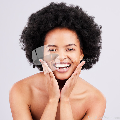 Image of Hands, skincare and portrait of black woman in studio with natural, hair and cosmetics on grey background. Soft, portrait and girl model relax with haircare, body care or dermatology satisfaction