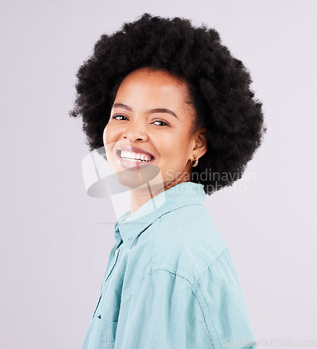 Image of Portrait, happy and black woman smile for fashion or style with an afro isolated against a studio pink background. Face, casual and female person excited, confident and beauty or happiness