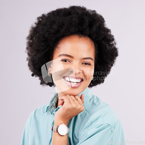 Image of Happy, laugh and portrait of black woman in studio for confidence, positive and empowerment. Happiness, funny and elegant with face of female isolated on gray background for young, excited and pride