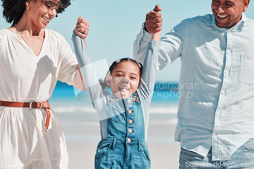 Image of Mother, father and girl play by the beach for relax on summer holiday, vacation and weekend in nature. Happy family, parents and portrait of child with mom and dad for swing, bonding and quality time