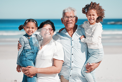 Image of Portrait, travel and happy family at a beach, bonding and having fun outdoors against sea background. Face, seniors and man with woman enjoying retirement with grandchildren on ocean trip in Miami