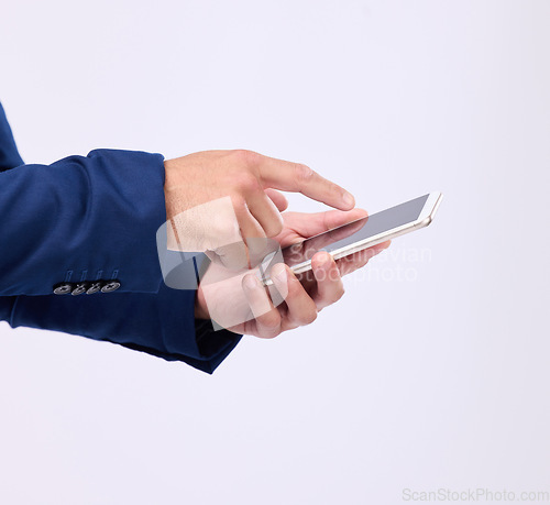 Image of Man, phone in hands and typing in studio for communication with network connection on social media. Hand of male with smartphone for internet search, mobile app and online chat on a white background