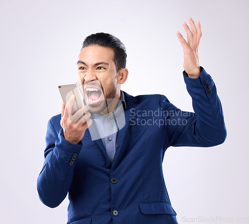 Image of Screaming, angry and phone with man in studio for communication, frustrated and connection. Bad news, problem and corporate with male isolated on white background for difficult, annoyed and failure