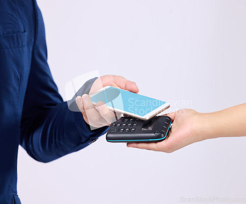 Image of Scan, machine and people hands with phone green screen isolated on white background in ecommerce transaction. Mockup connection, fintech payment app and b2c or customer with business person in studio