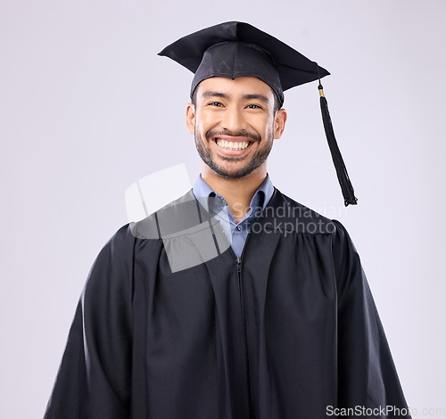 Image of Graduation portrait of asian man isolated on studio background for education, college success or achievement. Happy face of young philippines student, scholarship person or university graduate smile