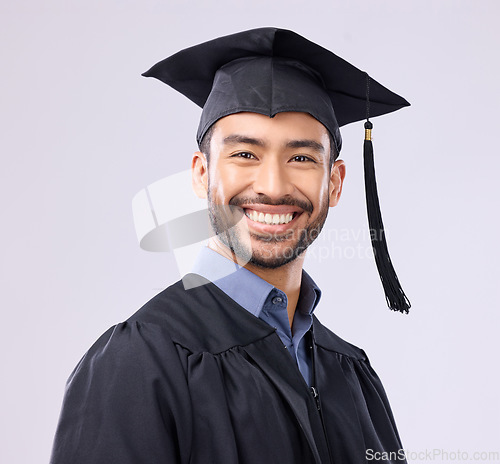 Image of Smile, graduation and portrait of man in studio for education, college and academic success. Happy, award and study with student isolated on white background for university , degree and scholarship