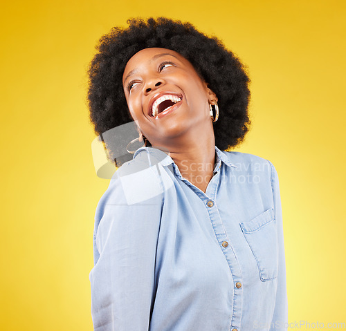 Image of Happy, laughing and black woman smile with fashion and style isolated against a studio yellow background. Excited, funny and confident female person or comic with stylish or cool clothes