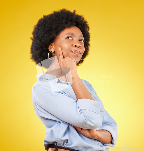 Image of Thinking, confused and black woman in studio pensive, puzzled and uncertain on yellow background. Doubt, contemplate and emoji by unsure female with decision, choice or option on isolated space