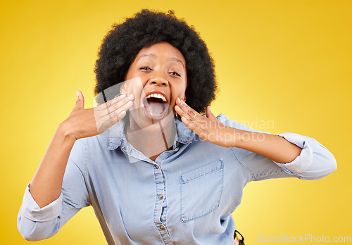 Image of Black woman, face and shouting portrait in studio while excited on yellow background. African female with hands on mouth for promotion announcement with motivation, happiness and positive mindset