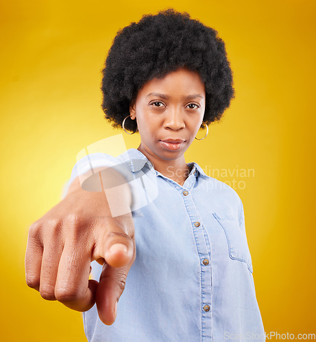 Image of Hand, pointing and portrait of black woman in studio for you, choice or deciding on yellow background. Face, emoji and finger of suspicious lady with warning, guilty or blame, sign or accountability