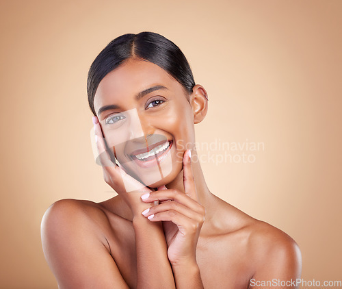 Image of Portrait, beauty and smile a model woman in studio on a beige background for natural skincare. Face, happy and aesthetic with an attractive young female posing for cosmetics or luxury wellness