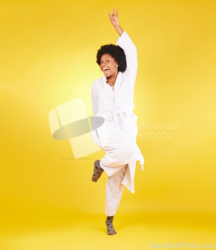 Image of Portrait, excited and black woman with pajamas, happiness and girl on studio background. Face, African American female and happy lady with smile, morning joy and glory with energy, silly and goofy