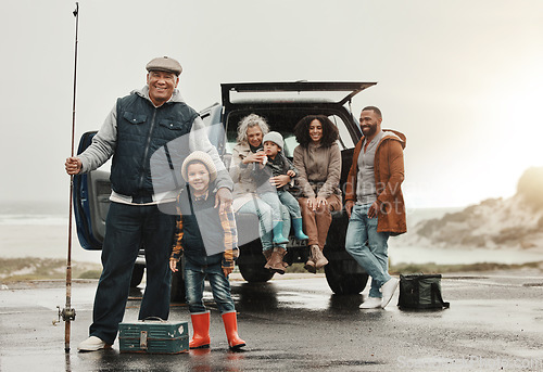 Image of Happy, travel and family on a fishing trip together for an outdoor hobby, activity or lesson. Grandparents, parents and children on a holiday, vacation or adventure with happiness in the countryside.