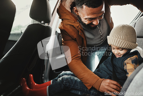 Image of Father, help or child with seat belt for safety traveling on vacation, road trip or holiday in car together. Transportation, dad or happy parent with young kid or boy in vehicle for family weekend