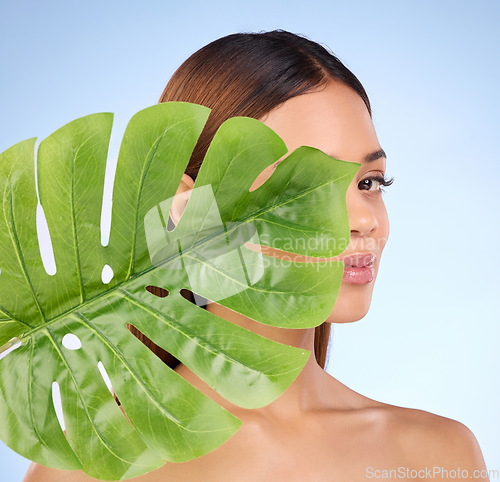 Image of Woman, portrait and face in natural skincare cosmetics or self love and care on blue studio background. Female in cosmetic beauty and eco green plant for organic, sustainable facial or spa treatment