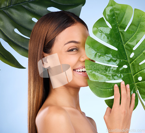 Image of Woman, portrait and leaf in natural beauty and organic skincare cosmetics for self love or care on blue studio background. Happy female with smile holding eco green plant for sustainable wellness