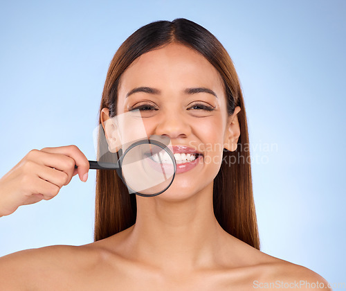 Image of Magnifying glass, woman and portrait in studio for skincare analysis, dermatology and laser cosmetics. Facial magnifier, happy model and beauty of aesthetics, wellness and check pores for acne scars