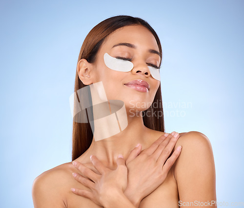 Image of Skincare, collagen mask and woman with eyes closed for anti aging beauty routine on blue background mockup. Cosmetics, facial detox and face of hispanic model with repair treatment product in studio.