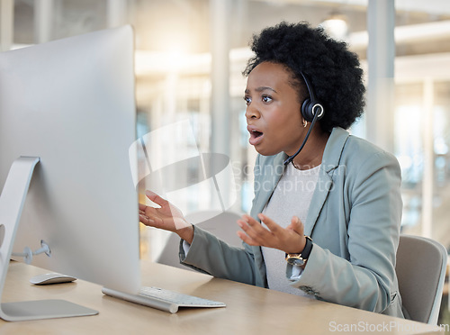 Image of Frustrated, confused and surprise in call center, black woman with headset and crisis, CRM problem and computer glitch. Female employee, tech support mistake or software error in customer service