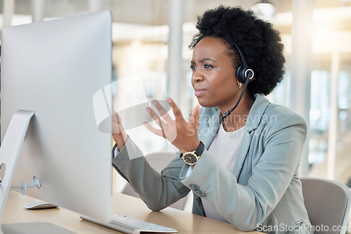 Image of Frustrated, confused and stress in call center, black woman with headset and contact us, CRM problem and computer glitch. Female employee, tech support mistake or software error in customer service