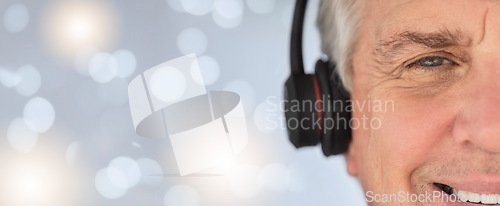 Image of Closeup, portrait and man with customer service, telemarketing and happiness for success. Face banner of consultant with tech support, focus and call center for help and advice with headphones