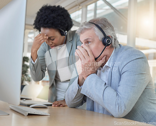 Image of Frustrated, confused and stress in call center with team in crisis, customer service headache with computer glitch. People in tech support with mistake or software error, contact us and CRM problem