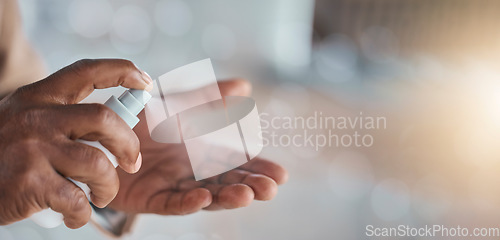 Image of Hands, spray sanitizer and bacteria safety with mockup space, blurred background and healthcare. Palm, bottle and disinfection from virus, cleaning and self care to stop covid with medical mock up