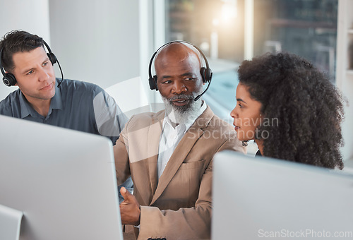 Image of Call center, training and teaching with people in office for mentor, commitment and coaching. Advice, customer service and contact us with employee at computer for friendly, help desk and consulting