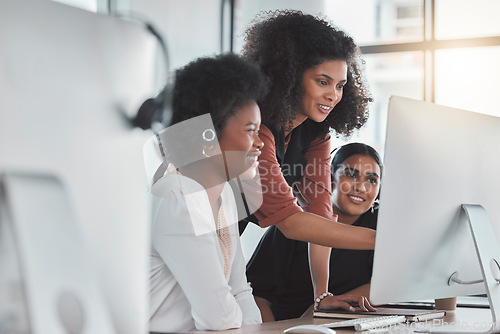 Image of Call center, mentor and consulting with people in office for training, commitment and coaching. Advice, customer service and contact us with employee at computer for friendly, help desk and teamwork