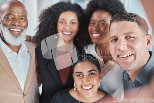 Image of Company selfie, diversity and team building with about us profile picture in office. Happiness, teamwork and business motivation portrait of media friends group with happy smile from collaboration