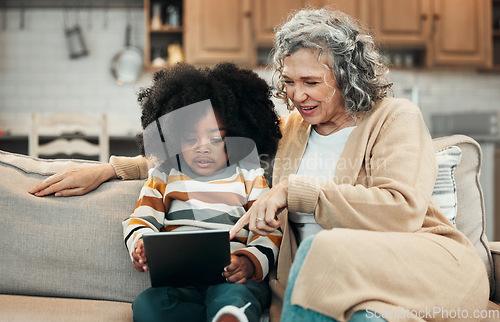 Image of Elearning tablet, grandparent and African boy with remote education for child development in online school. E learning gesture, adoption family love and kindergarten student with knowledge software