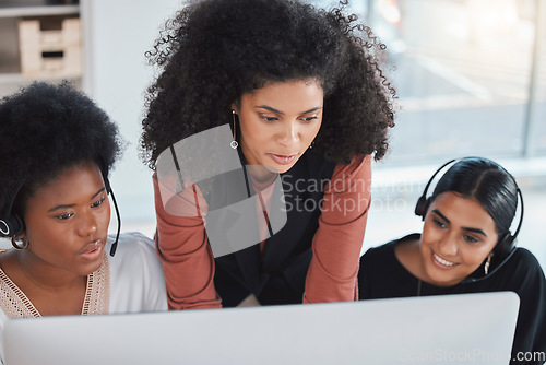 Image of Call center, mentor and coaching with people in office for training, commitment and teaching. Advice, customer service and contact us with employee at computer for friendly, help desk and consulting