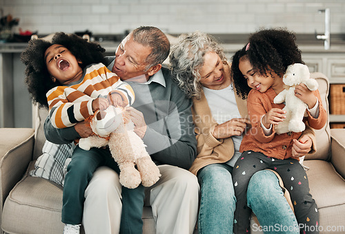 Image of Relax, happy grandparents or children bonding, laughing or hugging in fun Mexico in family home together. Grandmother, grandfather or playful young kids siblings love quality time on holiday vacation