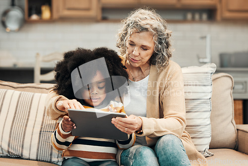 Image of Online tablet, family grandmother and child e learning, remote education or youth development in home school. Senior woman, adoption and young kindergarten students with elearning knowledge software