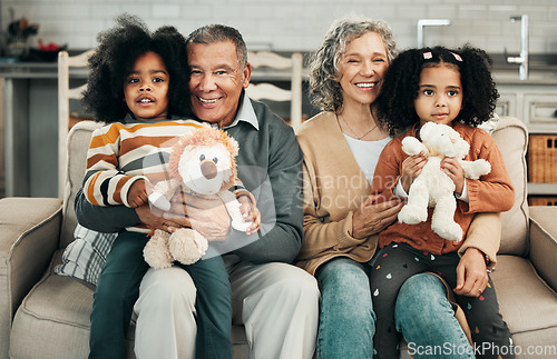 Image of Happy, bonding and portrait of grandparents holding children for a visit, playing and babysitting. Smile, interracial and elderly man and woman sitting with grandchildren for care, love and hug