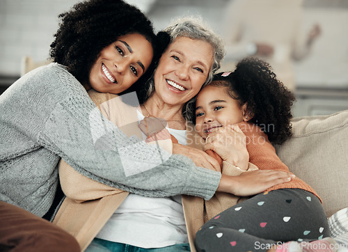 Image of Happy, hug and portrait of family with affection, visit and bonding on mothers day. Smile, interracial and mother, child and grandmother hugging, being affectionate and cheerful for quality time