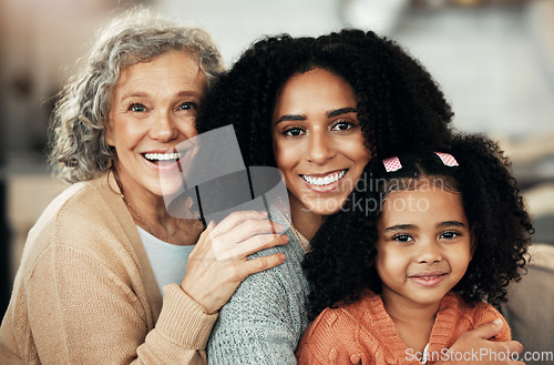 Image of Children, mother and grandmother with the portrait of a black family bonding together in their home. Kids, love or relatives with a woman, senior grandparent and girl posing in the living room