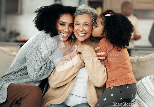 Image of Laughing, hug and portrait of family with affection, visit and bonding on mothers day. Smile, love and mother, child and grandmother hugging, being affectionate and cheerful for quality time together