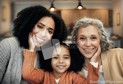 Image of Kids, parents and grandparents with the portrait of a black family bonding together in their home. Children, love or relatives with a woman, senior grandmother and girl posing in the living room