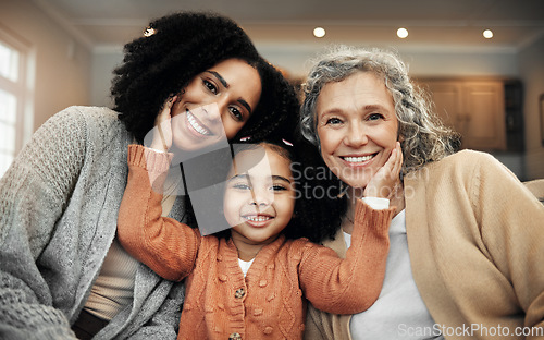 Image of Children, women and grandparents with the portrait of a black family bonding together in their home. Kids, love or relatives with a parent, senior grandmother and girl relaxing in the living room