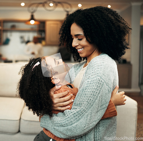 Image of Family, love and child hug mom for Mothers Day, home bonding or embrace in house living room. Care, loving and happy mother or woman smile with female youth kid, girl or daughter in apartment